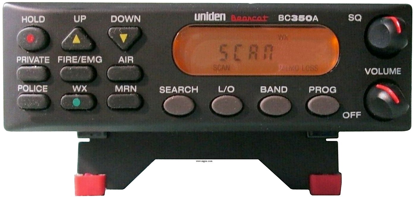 Figure 1 — The BC350A front panel and keypad — all programming is entered channel-by-channel here (MANUAL / E / L / PRI keys), with no PC interface. Source: rigpix.com.