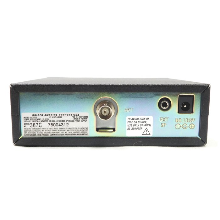 Figure 1 — BC355N rear panel: BNC antenna jack, DC power input, and external-speaker connections. Source: theantennafarm.com.