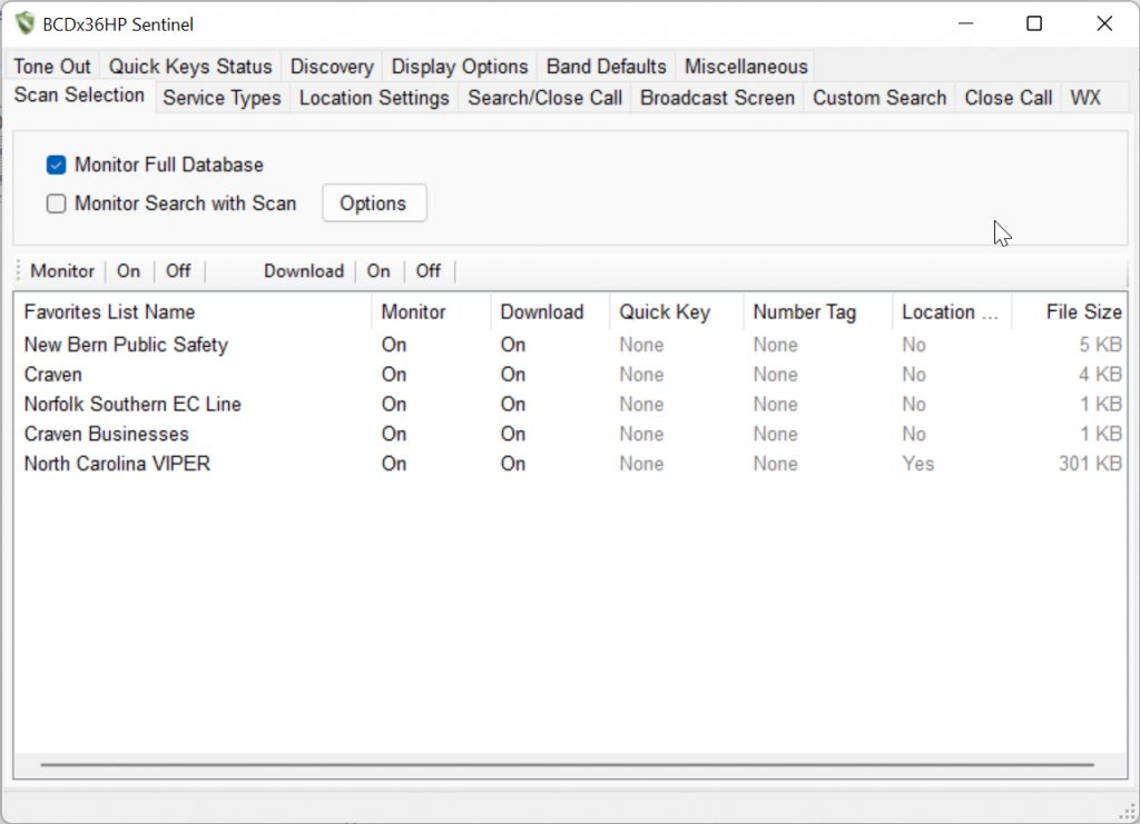 Figure 1 — Uniden Sentinel PC software: the scan-selection window used to build and edit HomePatrol favourites lists and refresh the on-board database. Source: hagensieker.com.