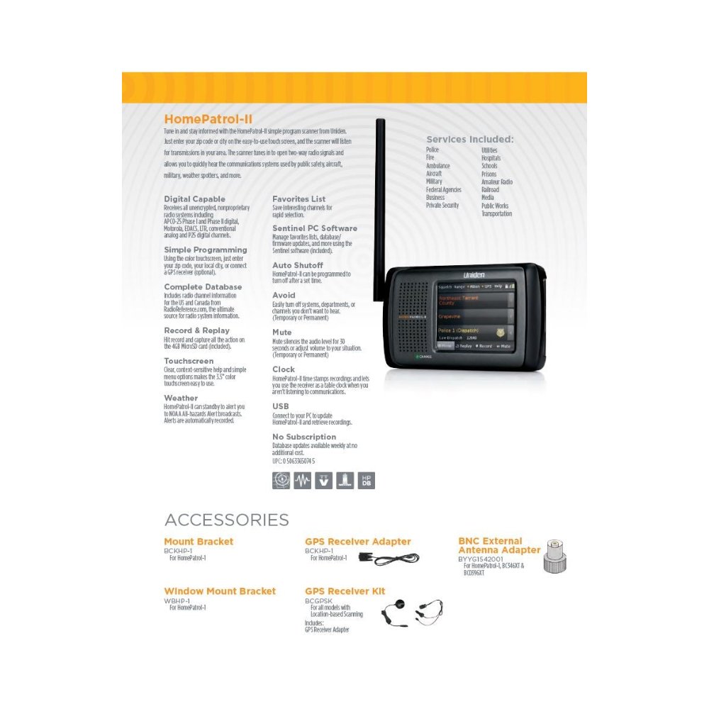 Figure 1 — HomePatrol-2 specification sheet: coverage, band plan, modes, and connector reference at a glance. Source: bearcatwarehouse.com.