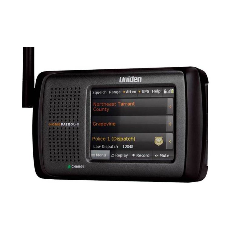 Figure 1 — HomePatrol color touchscreen showing the tap-to-select service menu used for ZIP-code/location operation. Source: uniden.com.